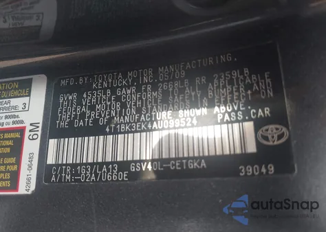 2010 Toyota Camry Xle V6 из США, поврежденный, VIN 4T1BK3EK4AU099524